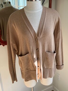 CAbi Light Taupe Button-Front V-Neck Cardigan
